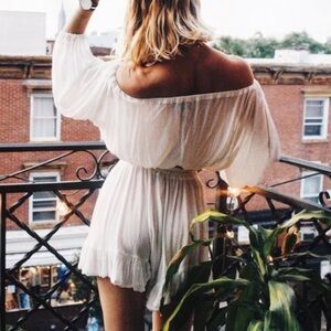 Fraiche By J Off The Shoulder Romper with Ruffled Hem and Elastic Waistband